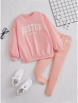 Tween Girl Letter Graphic Drop Shoulder Pullover & Leggings