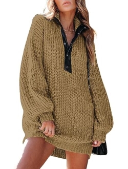 BLENCOT Women Long Sleeve Button V Neck Oversized Sweater Dress Casual Loose Trendy Pullover Knit Sweaters with Pockets