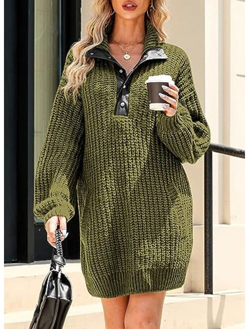 BLENCOT Women Long Sleeve Button V Neck Oversized Sweater Dress Casual Loose Trendy Pullover Knit Sweaters with Pockets