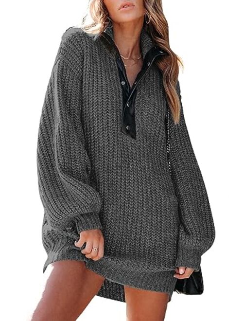 BLENCOT Women Long Sleeve Button V Neck Oversized Sweater Dress Casual Loose Trendy Pullover Knit Sweaters with Pockets