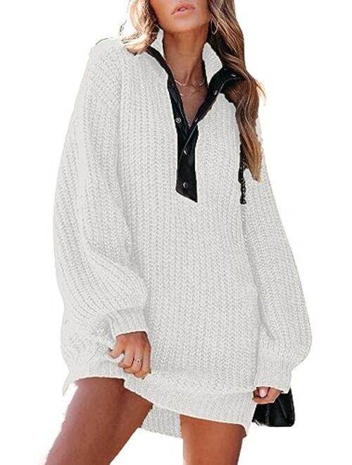 BLENCOT Women Long Sleeve Button V Neck Oversized Sweater Dress Casual Loose Trendy Pullover Knit Sweaters with Pockets