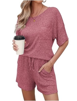 Andeip Women's Pajama Sets Ribbed Knit Lounge Set Short Sleeve 2 Piece Pj Top and Shorts Stretchy Loungewear Set