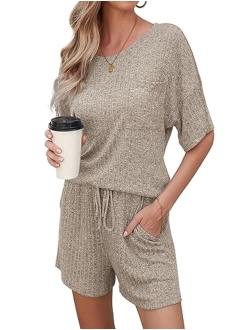 Andeip Women's Pajama Sets Ribbed Knit Lounge Set Short Sleeve 2 Piece Pj Top and Shorts Stretchy Loungewear Set