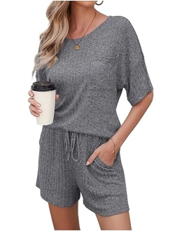 Andeip Women's Pajama Sets Ribbed Knit Lounge Set Short Sleeve 2 Piece Pj Top and Shorts Stretchy Loungewear Set