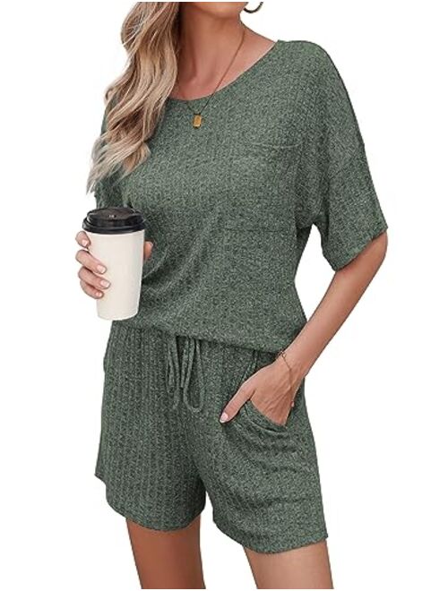 Andeip Women's Pajama Sets Ribbed Knit Lounge Set Short Sleeve 2 Piece Pj Top and Shorts Stretchy Loungewear Set