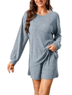 LUXFFY Pajamas Set for Women Lounge Sets Long Sleeve Top and Shorts 2 Piece Outfits Sweatsuit Sets with Pockets