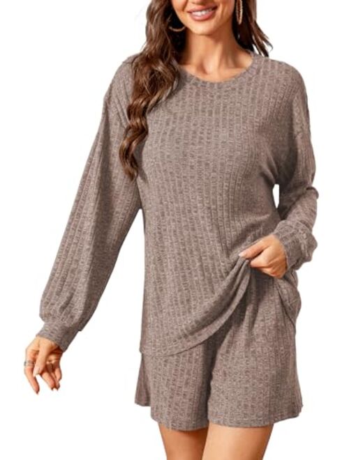 LUXFFY Pajamas Set for Women Lounge Sets Long Sleeve Top and Shorts 2 Piece Outfits Sweatsuit Sets with Pockets