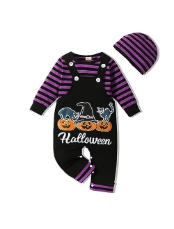 VINUOKER Baby Boy Halloween Clothes,Long Sleeve T-Shirt + Overalls,3pc My First Halloween Outfit,Infant Suspender Outfit Set