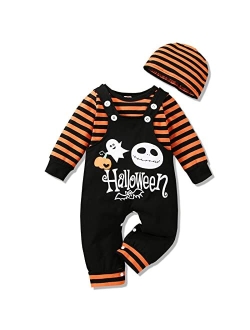 VINUOKER Baby Boy Halloween Clothes,Long Sleeve T-Shirt + Overalls,3pc My First Halloween Outfit,Infant Suspender Outfit Set