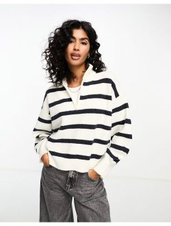 high neck zip sweater in white and marine stripe