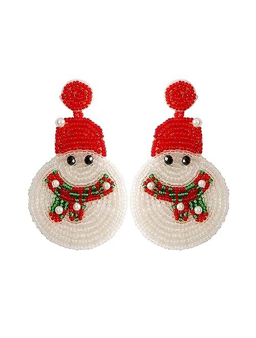 Funojoy Christmas Earrings for Women - Beaded Christmas Earrings, Hypoallergenic Christmas Tree Cake Bow Dangling Earrings Holiday Jewelry Gift for Women