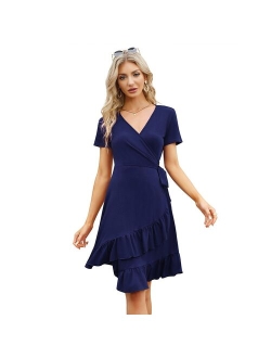 Kojooin Women V Neck Wrap Dress Casual Ruffle Slit Flowy Swing Cocktail Midi Dress