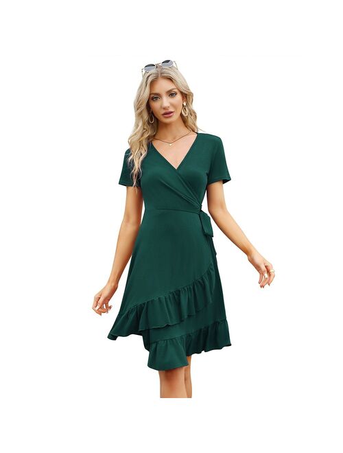 Kojooin Women V Neck Wrap Dress Casual Ruffle Slit Flowy Swing Cocktail Midi Dress