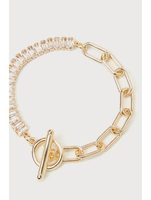 Lulus Luxe Glitter Gold Rhinestone Toggle Tennis Bracelet