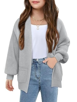 Haloumoning Girls Long Sleeve Cardigan Casual Open Front Lantern Sleeve Smoke Cuff Knit Sweater with Pockets for Kids 5-14 Years