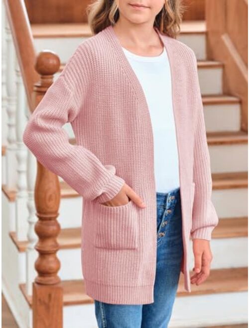 Haloumoning Girls Long Sleeve Cardigan Casual Open Front Lantern Sleeve Smoke Cuff Knit Sweater with Pockets for Kids 5-14 Years