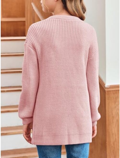 Haloumoning Girls Long Sleeve Cardigan Casual Open Front Lantern Sleeve Smoke Cuff Knit Sweater with Pockets for Kids 5-14 Years