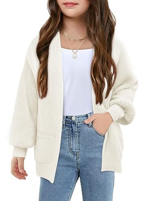 Haloumoning Girls Long Sleeve Cardigan Casual Open Front Lantern Sleeve Smoke Cuff Knit Sweater with Pockets for Kids 5-14 Years