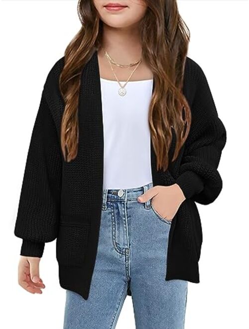 Haloumoning Girls Long Sleeve Cardigan Casual Open Front Lantern Sleeve Smoke Cuff Knit Sweater with Pockets for Kids 5-14 Years