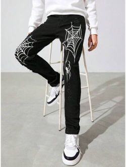 Teen Boy Spider Web Print Straight Leg Jeans