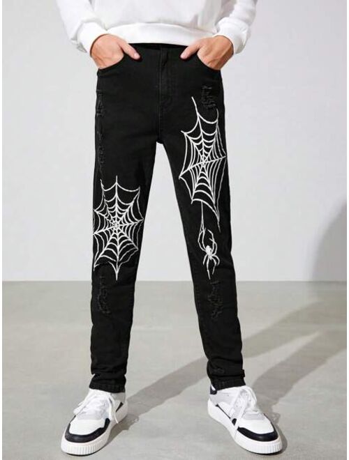 SHEIN Teen Boy Spider Web Print Straight Leg Jeans