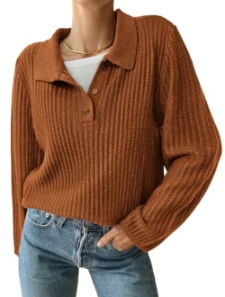 Women's Long Sleeve Button V Neck Collar Sweater 2023 Fall Casual Chunky Knit Pullover Tops