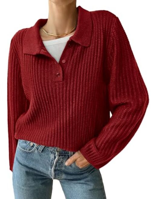 PRETTYGARDEN Women's Long Sleeve Button V Neck Collar Sweater 2023 Fall Casual Chunky Knit Pullover Tops