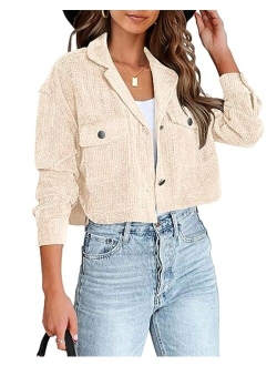 BTFBM Women's Corduroy Cropped Jacket 2023 Winter Fall Lapel Button Down Casual Short Shacket Jackets Coats with Pockets