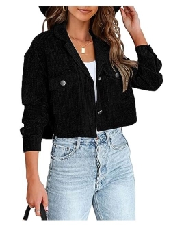 BTFBM Women's Corduroy Cropped Jacket 2023 Winter Fall Lapel Button Down Casual Short Shacket Jackets Coats with Pockets