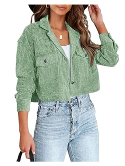 BTFBM Women's Corduroy Cropped Jacket 2023 Winter Fall Lapel Button Down Casual Short Shacket Jackets Coats with Pockets