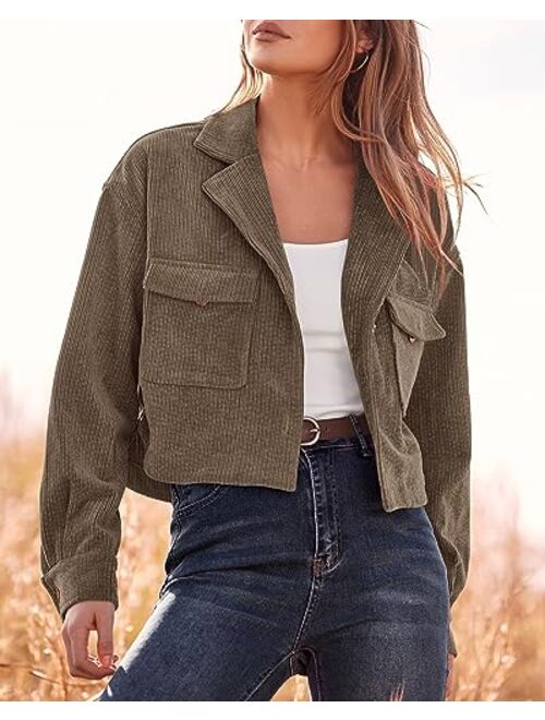 BTFBM Women's Corduroy Cropped Jacket 2023 Winter Fall Lapel Button Down Casual Short Shacket Jackets Coats with Pockets