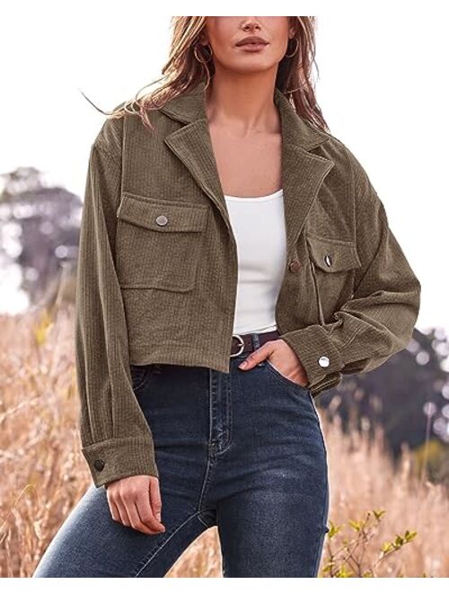 BTFBM Women's Corduroy Cropped Jacket 2023 Winter Fall Lapel Button Down Casual Short Shacket Jackets Coats with Pockets