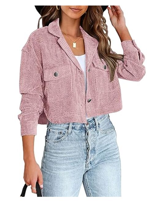 BTFBM Women's Corduroy Cropped Jacket 2023 Winter Fall Lapel Button Down Casual Short Shacket Jackets Coats with Pockets