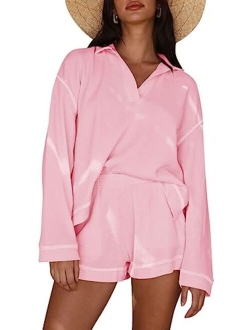 Pink Queen Women's 2023 Fall Casual Waffle Knit Long Sleeve Lounge Sets Casual Top and Shorts 2 Piece Outfits Sweatsuit