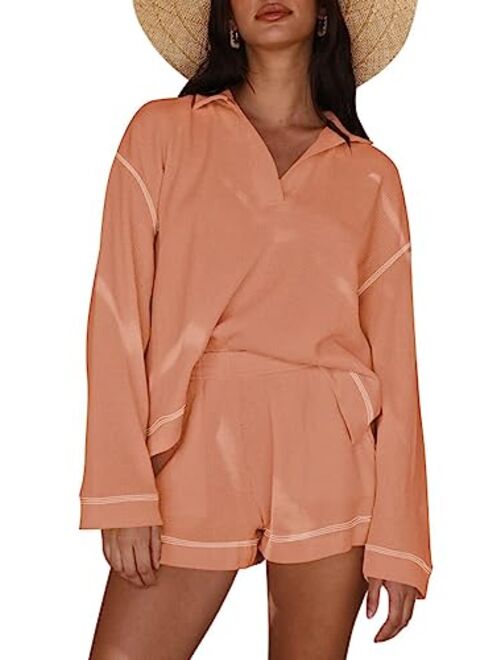 Pink Queen Women's 2023 Fall Casual Waffle Knit Long Sleeve Lounge Sets Casual Top and Shorts 2 Piece Outfits Sweatsuit