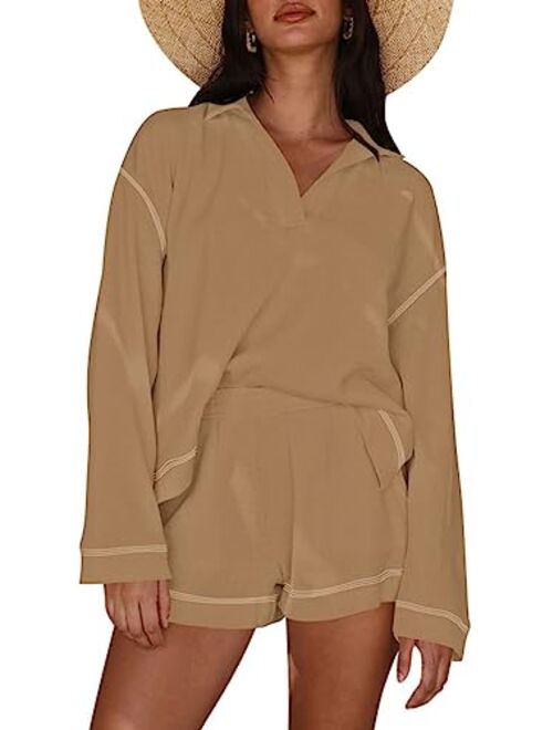 Pink Queen Women's 2023 Fall Casual Waffle Knit Long Sleeve Lounge Sets Casual Top and Shorts 2 Piece Outfits Sweatsuit