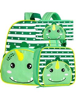 FTJCF 3PCS Toddler Backpack for Boys, 12" Dinosaur Kindergarten Bookbag, Preschool Kids School Bag with Lunch Box - Green