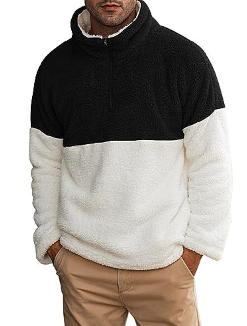 JMIERR Mens Fuzzy Sherpa Sweatshirt Fashion Long Sleeve Colorblock 1/4 Zip Stand Collar Pullover Sweatshirts with Pockets