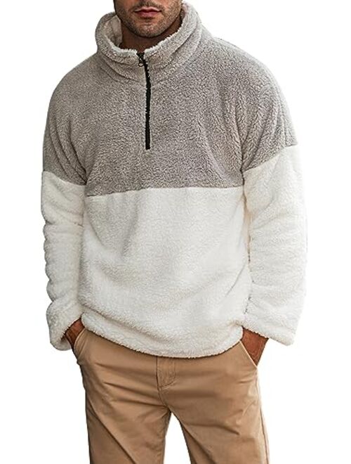 JMIERR Mens Fuzzy Sherpa Sweatshirt Fashion Long Sleeve Colorblock 1/4 Zip Stand Collar Pullover Sweatshirts with Pockets