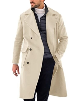 Pretifeel Mens Trench Coat Slim Fit Double Breasted Long Overcoat Classic Fall Winter Topcoat