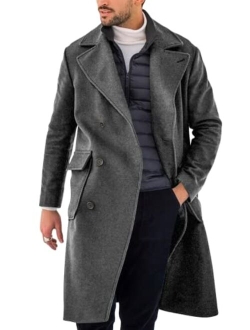 Pretifeel Mens Trench Coat Slim Fit Double Breasted Long Overcoat Classic Fall Winter Topcoat