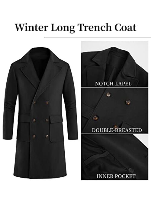 Pretifeel Mens Trench Coat Slim Fit Double Breasted Long Overcoat Classic Fall Winter Topcoat