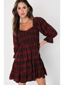 No One Cuter Black and Tan Plaid Puff Sleeve Tiered Mini Dress