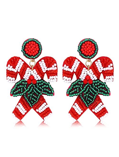 NLCAC Christmas Earrings Beaded Christmas Tree Lama Snowman Dangle Earrings Statement Beaded Drop Earrings Festive Holiday Party Gift