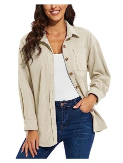 TACVASEN Women's Corduroy Button Down Shacket Long Sleeve Shirt Jacket Casual Jacket Chest Pocket Shirts Loose Fit Coat