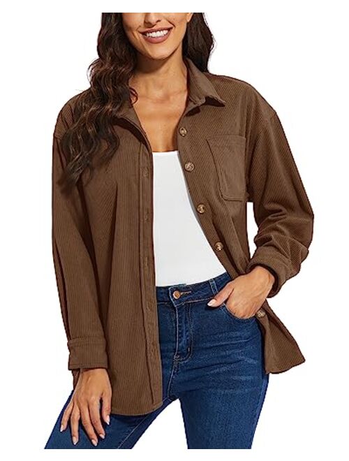 TACVASEN Women's Corduroy Button Down Shacket Long Sleeve Shirt Jacket Casual Jacket Chest Pocket Shirts Loose Fit Coat