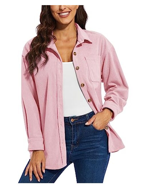 TACVASEN Women's Corduroy Button Down Shacket Long Sleeve Shirt Jacket Casual Jacket Chest Pocket Shirts Loose Fit Coat