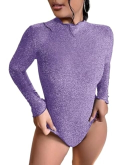 Women's Mock Neck Leopard Long Sleeve Mesh Bodysuit Leotard