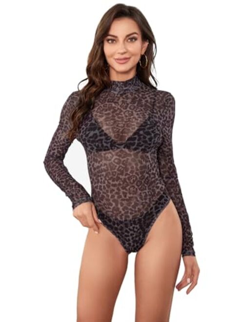 SweatyRocks Women's Mock Neck Leopard Long Sleeve Mesh Bodysuit Leotard