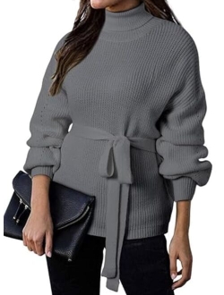 Women's Turtleneck Sweaters Long Sleeve Belted Waist Knitted Pullover Top